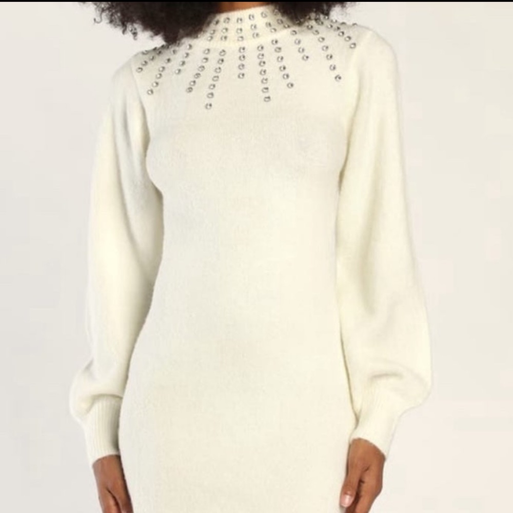 Lulus Darling Sparkle Ivory Rhinestone Mock Neck Mini Sweater Dress- Medium